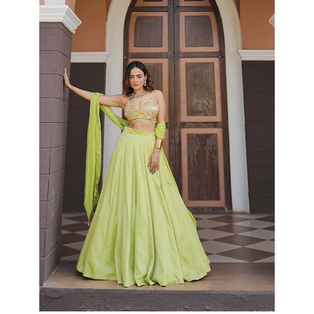 KOSWI Lime Green Embroidered Print Lehenga with Blouse and Dupatta (Set of 3)