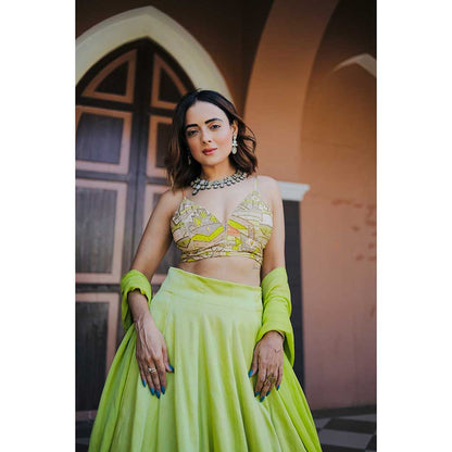 KOSWI Lime Green Embroidered Print Lehenga with Blouse and Dupatta (Set of 3)