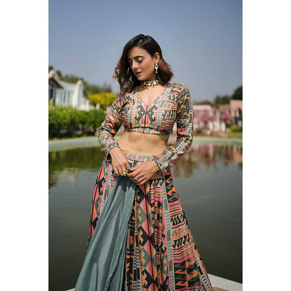 KOSWI Multi Coloured Print Embroidered Lehenga with Blouse and Dupatta (Set of 3)