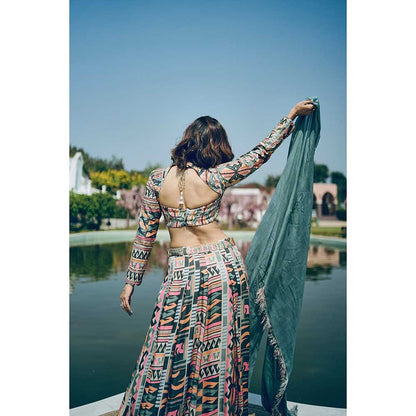 KOSWI Multi Coloured Print Embroidered Lehenga with Blouse and Dupatta (Set of 3)