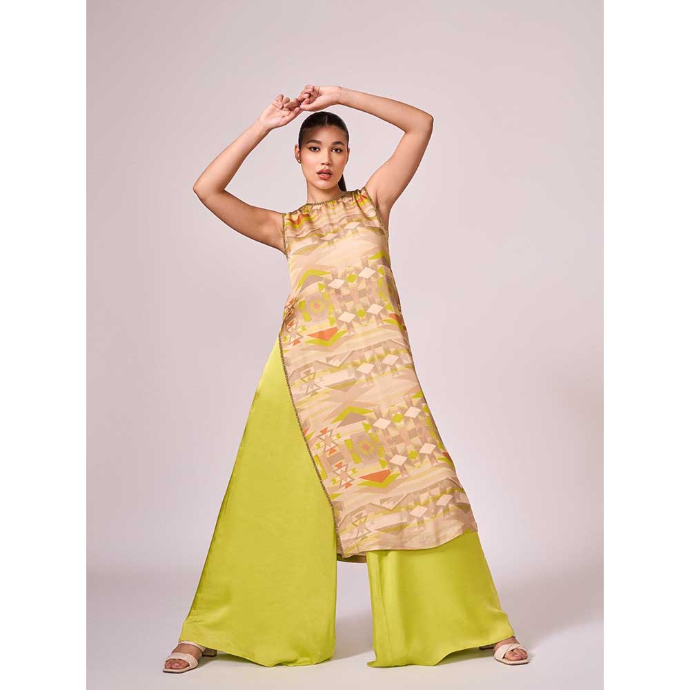 KOSWI Lime Green Geometric Print Kurta with Palazzo (Set of 2)