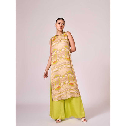 KOSWI Lime Green Geometric Print Kurta with Palazzo (Set of 2)