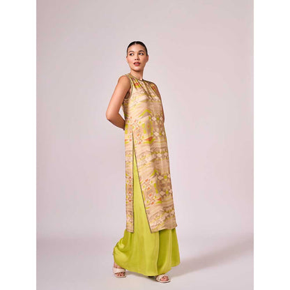 KOSWI Lime Green Geometric Print Kurta with Palazzo (Set of 2)