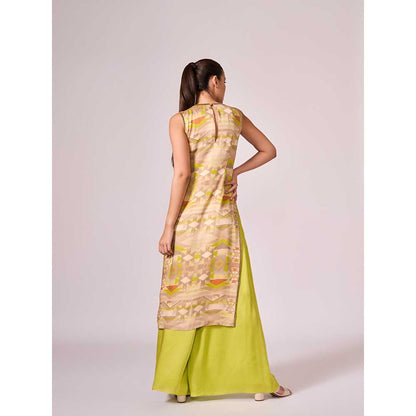 KOSWI Lime Green Geometric Print Kurta with Palazzo (Set of 2)