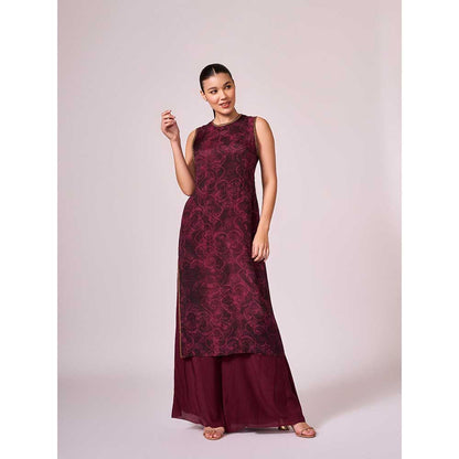 KOSWI Burgundy Cherry Abstract Print Kurta with Palazzo (Set of 2)