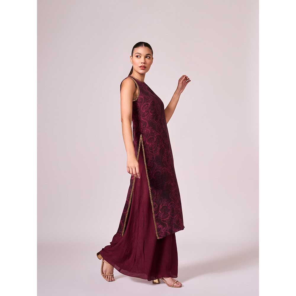 KOSWI Burgundy Cherry Abstract Print Kurta with Palazzo (Set of 2)