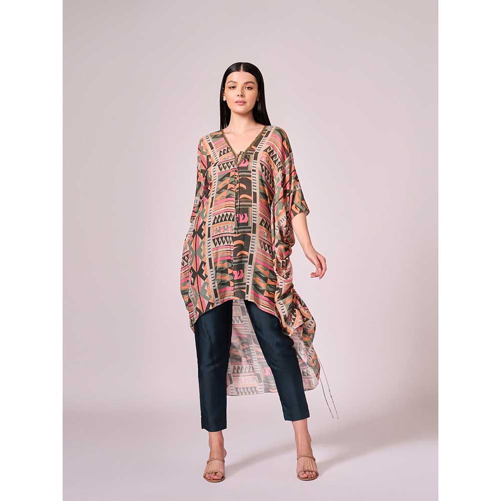 KOSWI Multi Coloured Geometric Print Kaftan with Pant (Set of 2)