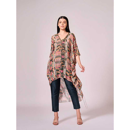 KOSWI Multi Coloured Geometric Print Kaftan with Pant (Set of 2)