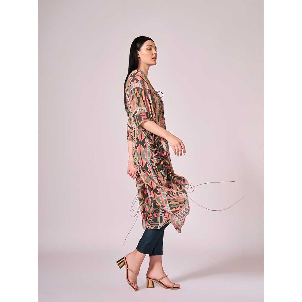 KOSWI Multi Coloured Geometric Print Kaftan with Pant (Set of 2)