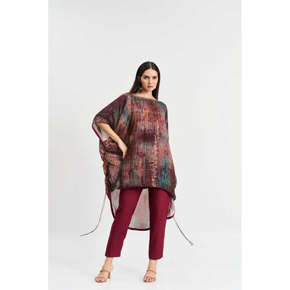 KOSWI Maroon Abstract Print Kaftan with Pant (Set of 2)