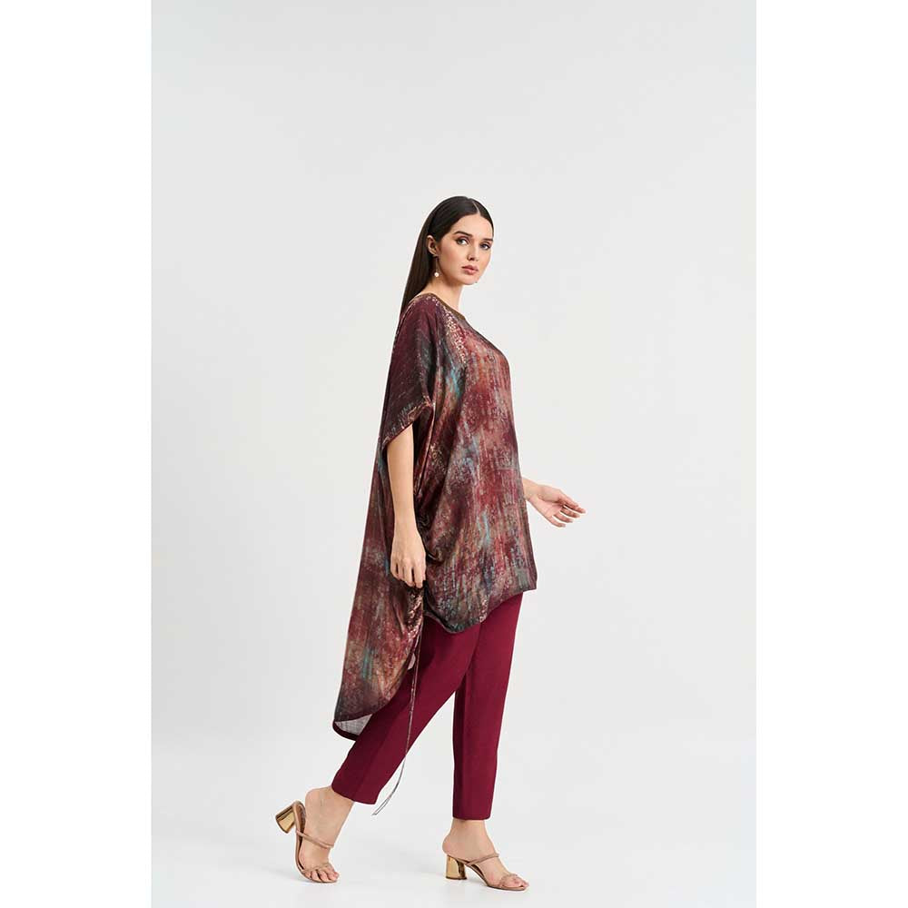 KOSWI Maroon Abstract Print Kaftan with Pant (Set of 2)