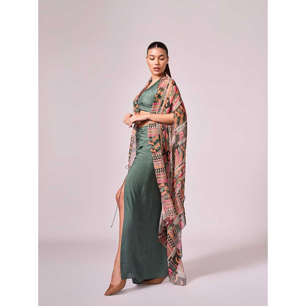 KOSWI Chalk Green Cape with Blouse and Skirt (Set of 3)