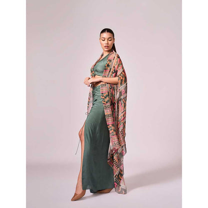 KOSWI Chalk Green Cape with Blouse and Skirt (Set of 3)