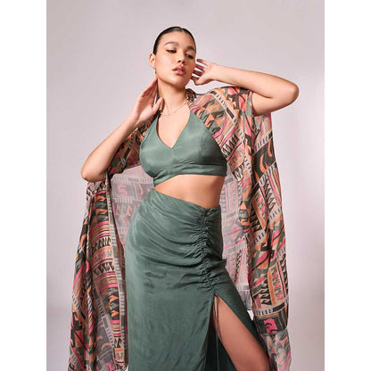 KOSWI Chalk Green Cape with Blouse and Skirt (Set of 3)