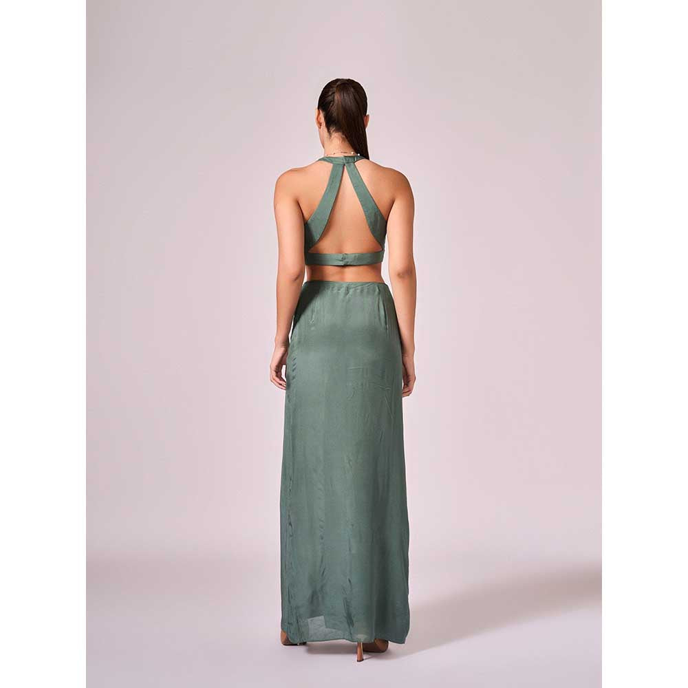 KOSWI Chalk Green Cape with Blouse and Skirt (Set of 3)
