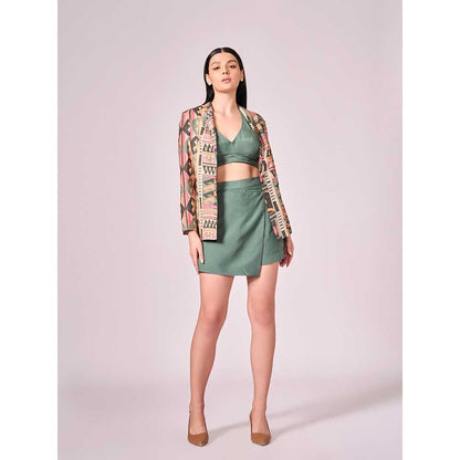 KOSWI Multi Coloured Print Jacket with Blouse and Skort (Set of 3)