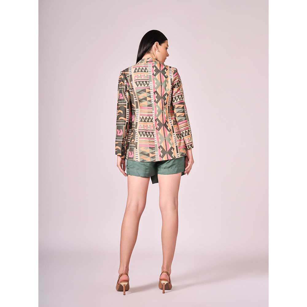 KOSWI Multi Coloured Print Jacket with Blouse and Skort (Set of 3)