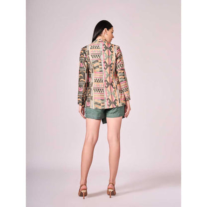 KOSWI Multi Coloured Print Jacket with Blouse and Skort (Set of 3)
