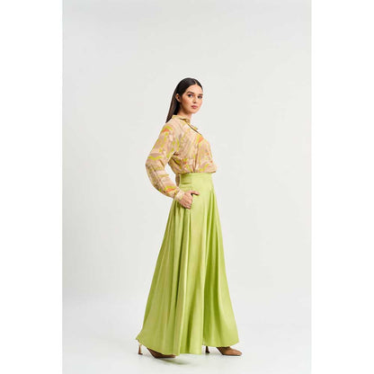 KOSWI Lime Green Print Shirt with Skirt (Set of 2)