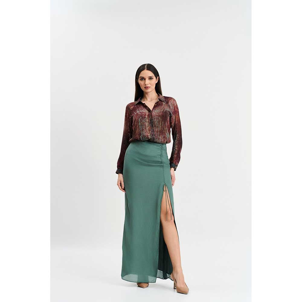KOSWI Maroon Print Shirt with Skirt (Set of 2)