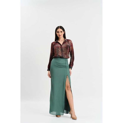 KOSWI Maroon Print Shirt with Skirt (Set of 2)