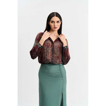 KOSWI Maroon Print Shirt with Skirt (Set of 2)