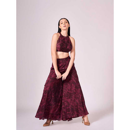 KOSWI Maroon Cherry Floral Print Co-Ord (Set of 2)