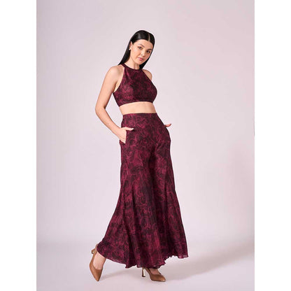 KOSWI Maroon Cherry Floral Print Co-Ord (Set of 2)