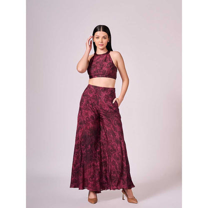 KOSWI Maroon Cherry Floral Print Co-Ord (Set of 2)
