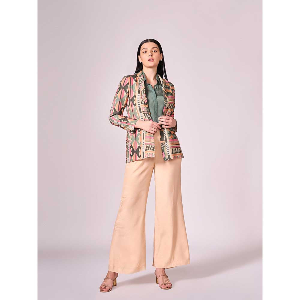 KOSWI Multi Coloured Geometric Print Jacket with Shirt and Pant (Set of 3)
