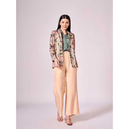 KOSWI Multi Coloured Geometric Print Jacket with Shirt and Pant (Set of 3)