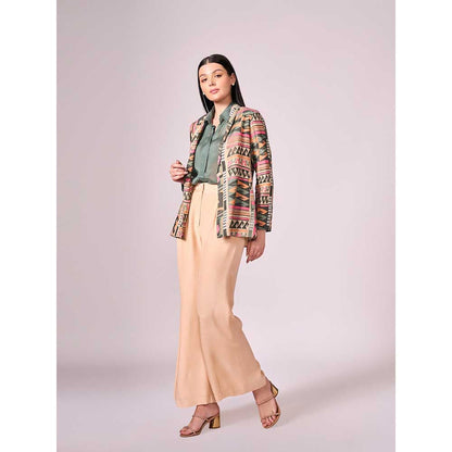 KOSWI Multi Coloured Geometric Print Jacket with Shirt and Pant (Set of 3)