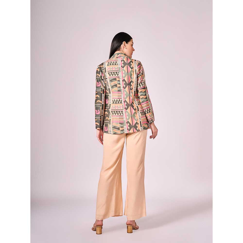 KOSWI Multi Coloured Geometric Print Jacket with Shirt and Pant (Set of 3)