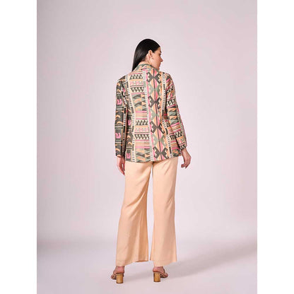 KOSWI Multi Coloured Geometric Print Jacket with Shirt and Pant (Set of 3)