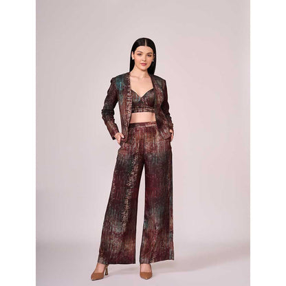 KOSWI Maroon Abstract Print Pant with Blouse and Jacket (Set of 3)