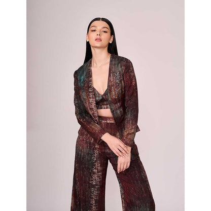 KOSWI Maroon Abstract Print Pant with Blouse and Jacket (Set of 3)
