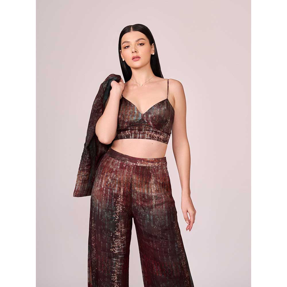 KOSWI Maroon Abstract Print Pant with Blouse and Jacket (Set of 3)