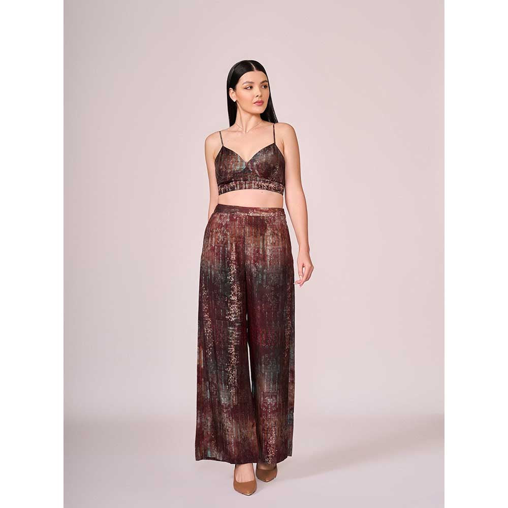 KOSWI Maroon Abstract Print Pant with Blouse and Jacket (Set of 3)