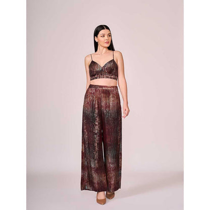 KOSWI Maroon Abstract Print Pant with Blouse and Jacket (Set of 3)