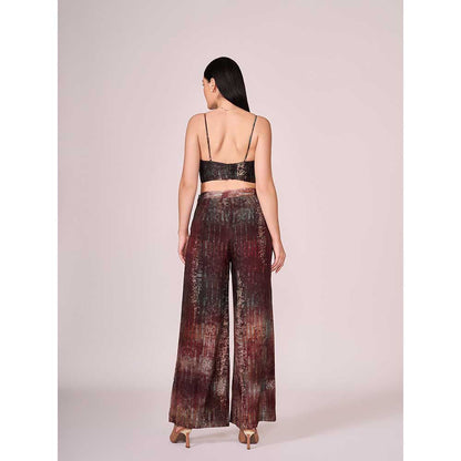 KOSWI Maroon Abstract Print Pant with Blouse and Jacket (Set of 3)
