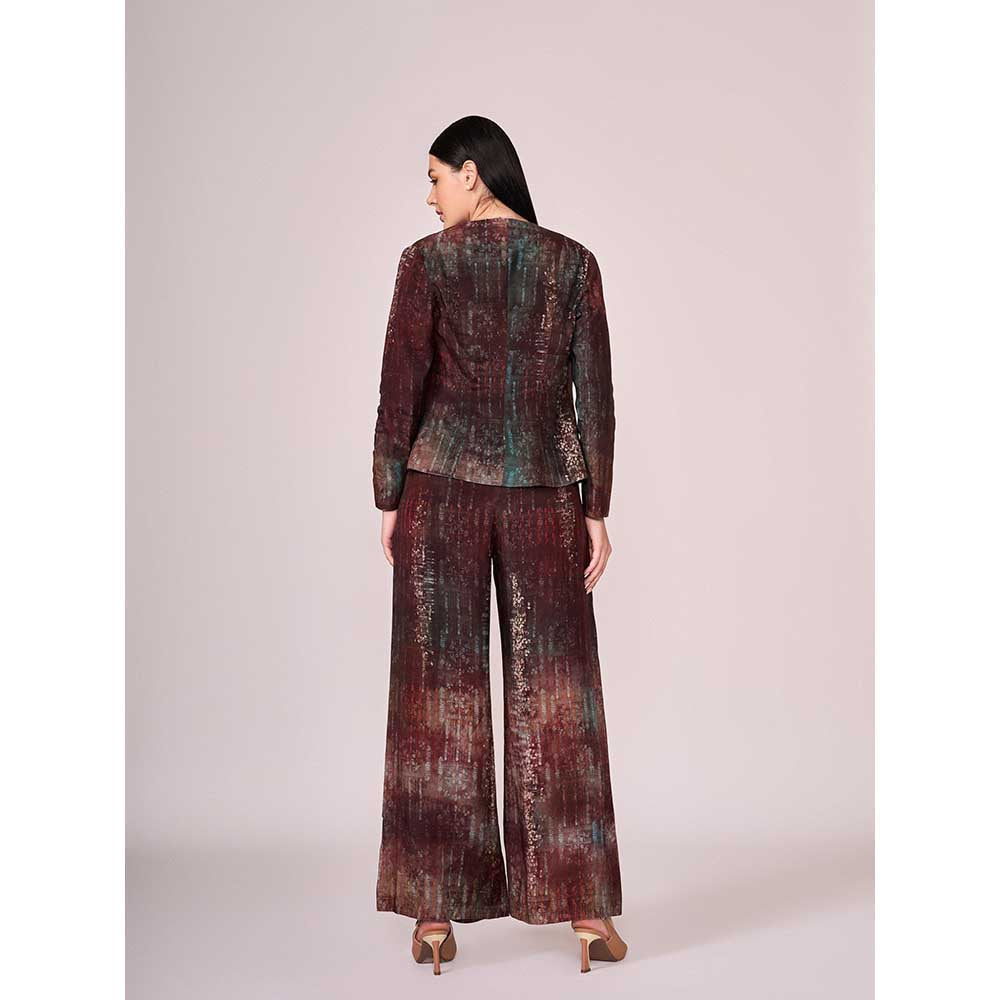 KOSWI Maroon Abstract Print Pant with Blouse and Jacket (Set of 3)