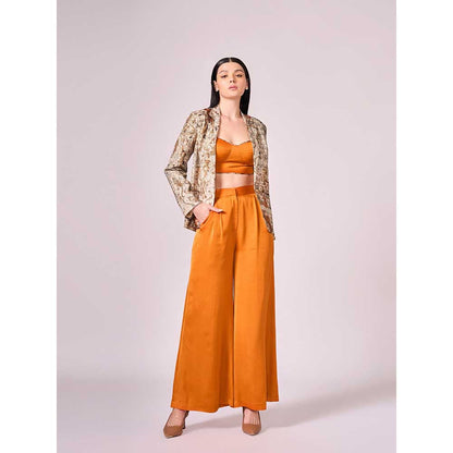 KOSWI Browns Abstract Print Jacket with Blouse and Pant (Set of 3)