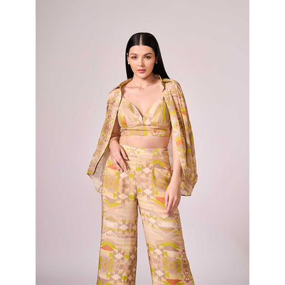 KOSWI Yellow Geometric Print Co-Ord (Set of 3)