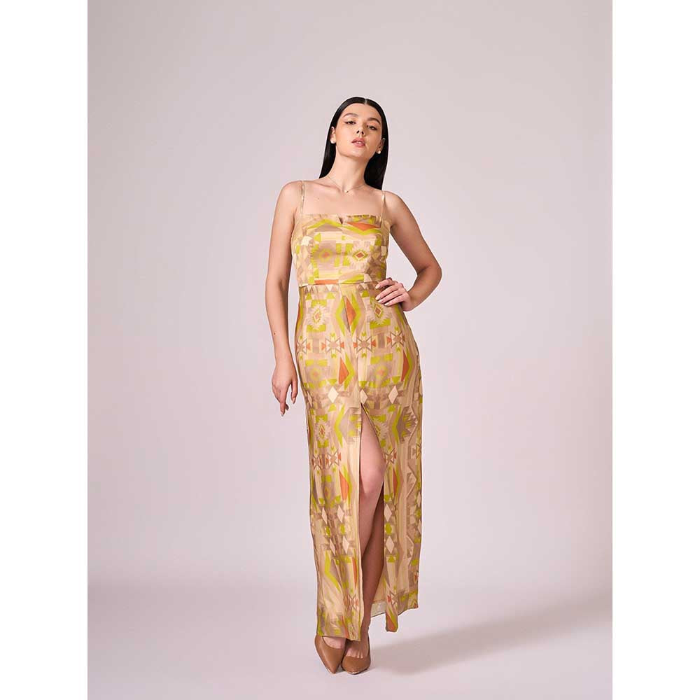 KOSWI Lime Green Geometric Print Slit Dress