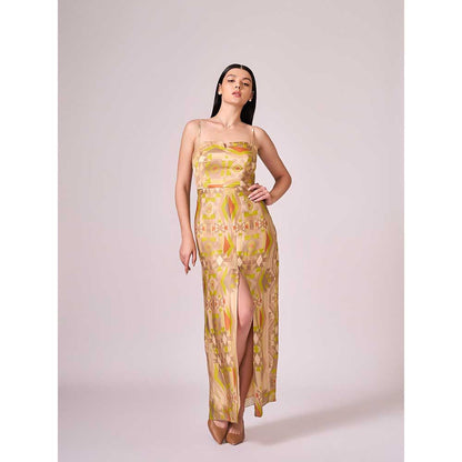 KOSWI Lime Green Geometric Print Slit Dress