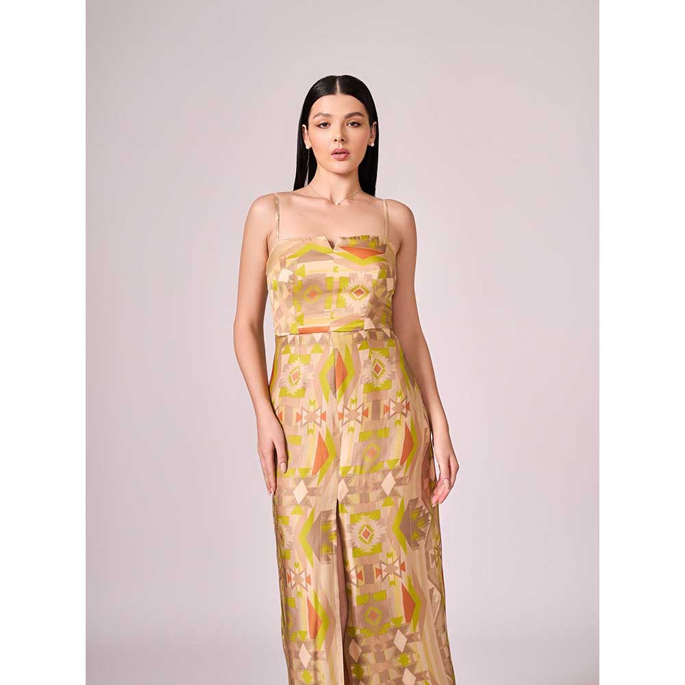 KOSWI Lime Green Geometric Print Slit Dress