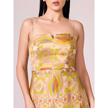 KOSWI Lime Green Geometric Print Slit Dress