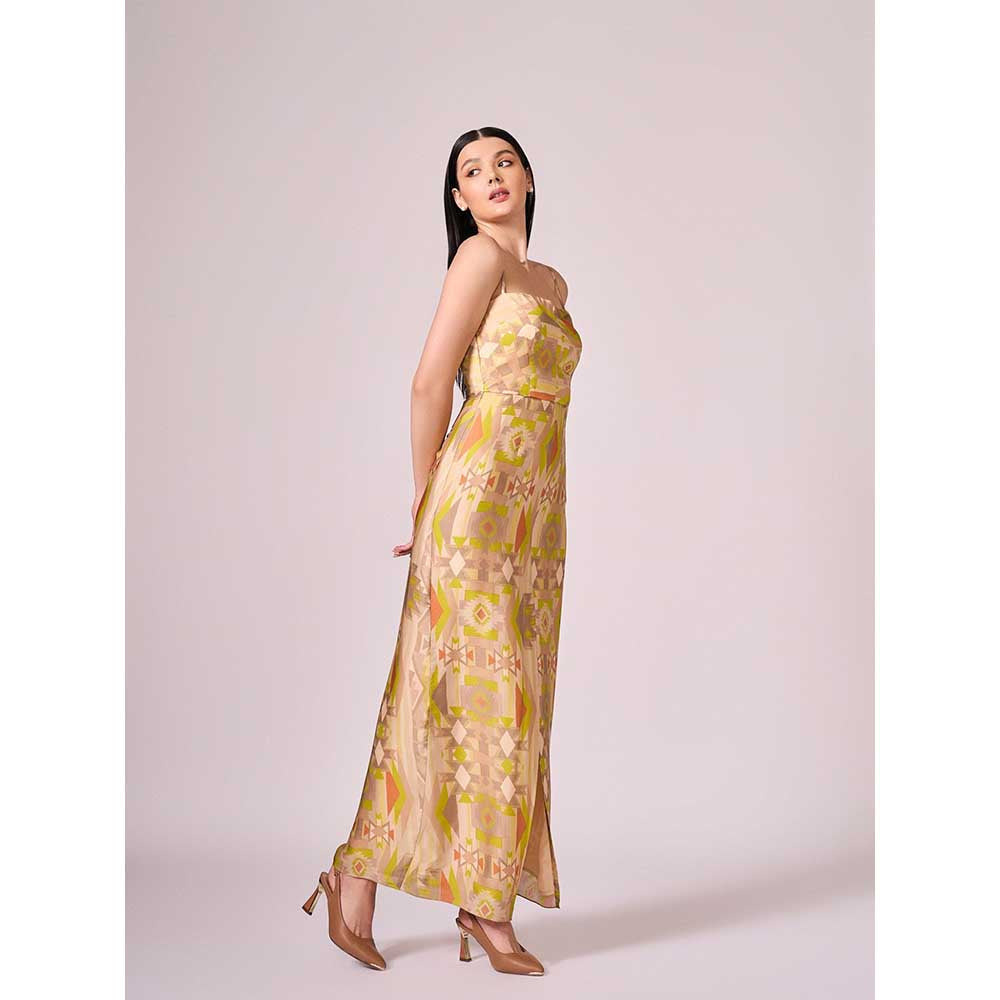 KOSWI Lime Green Geometric Print Slit Dress