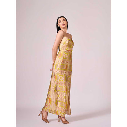 KOSWI Lime Green Geometric Print Slit Dress