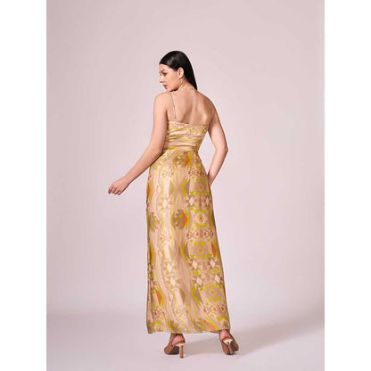 KOSWI Lime Green Geometric Print Slit Dress